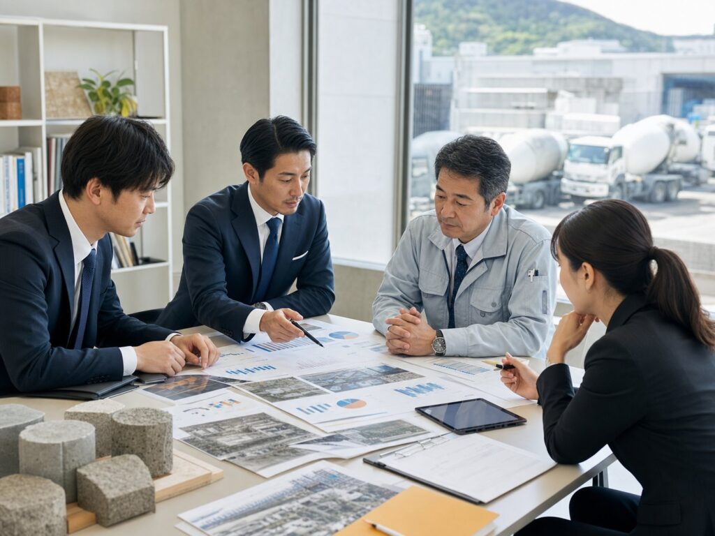 関西のコンクリート圧送会社M&Aで施工現場と引き継ぎ条件を確認する商談風景