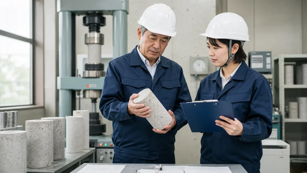 コンクリート品質試験会社 M&Aに向けて圧縮試験機と供試体を確認する経営者と品質技術者