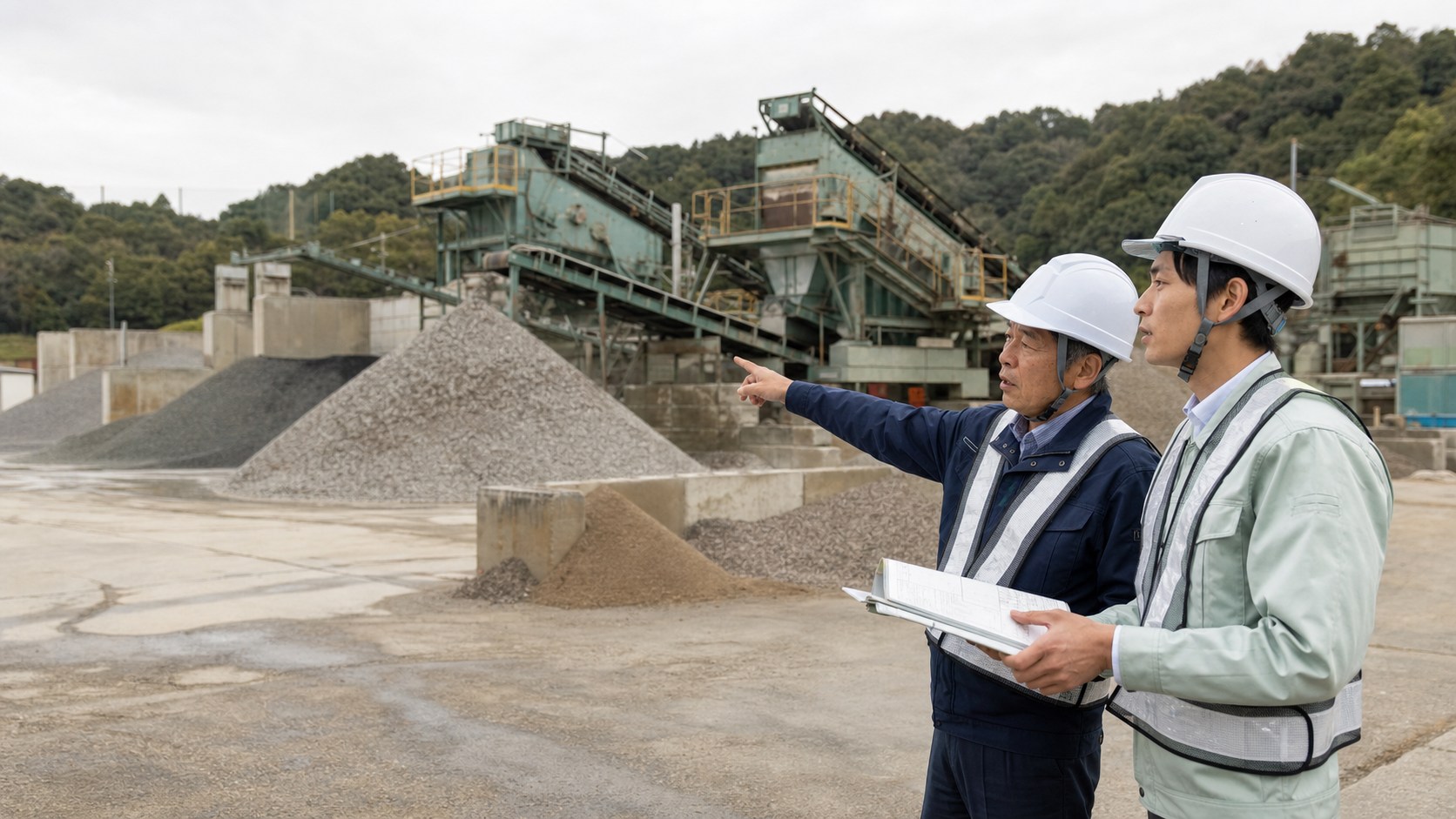 コンクリートリサイクル工場で破砕選別設備と再生骨材の動線を確認する経営者と承継担当者