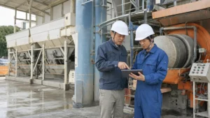 コンクリートプラント保守会社のM&Aに向けて設備点検記録を確認する経営者と保守技術者