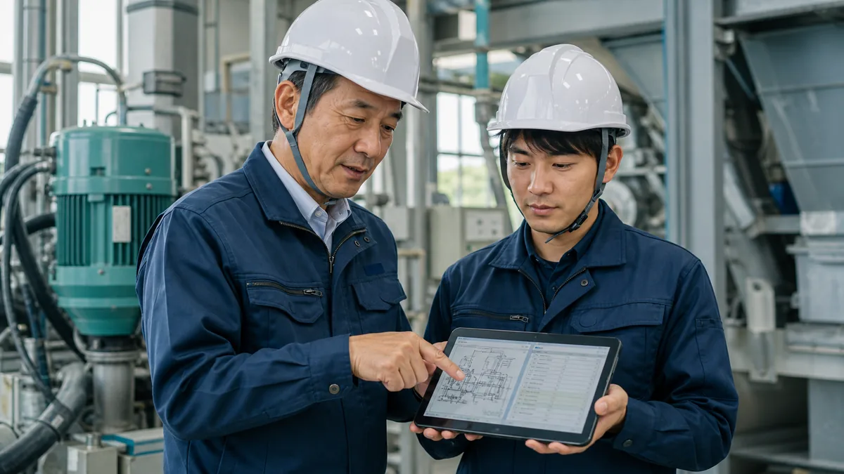 コンクリートプラント保守会社の技術承継で設備図面と点検履歴を確認する先輩技術者と若手技術者