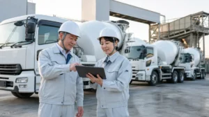 生コン運送会社のM&Aに向けてアジテータ車の配車計画を確認する経営者と運行管理者