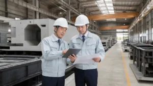 プレキャストコンクリート会社のM&Aに向けて工場の製造工程を確認する経営者と生産責任者