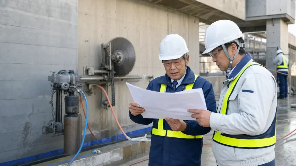コンクリート切断会社のM&Aに向けて施工計画を確認する経営者と施工責任者