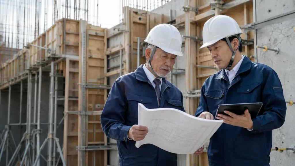 型枠工事会社のM&Aに向けて施工計画と加工帳を確認する経営者と工事責任者