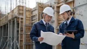 型枠工事会社のM&Aに向けて施工計画と加工帳を確認する経営者と工事責任者