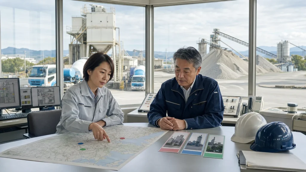 生コン工場の事業譲渡に向けて骨材設備と3工場の引継ぎを確認する担当者