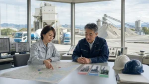 生コン工場の事業譲渡に向けて骨材設備と3工場の引継ぎを確認する担当者