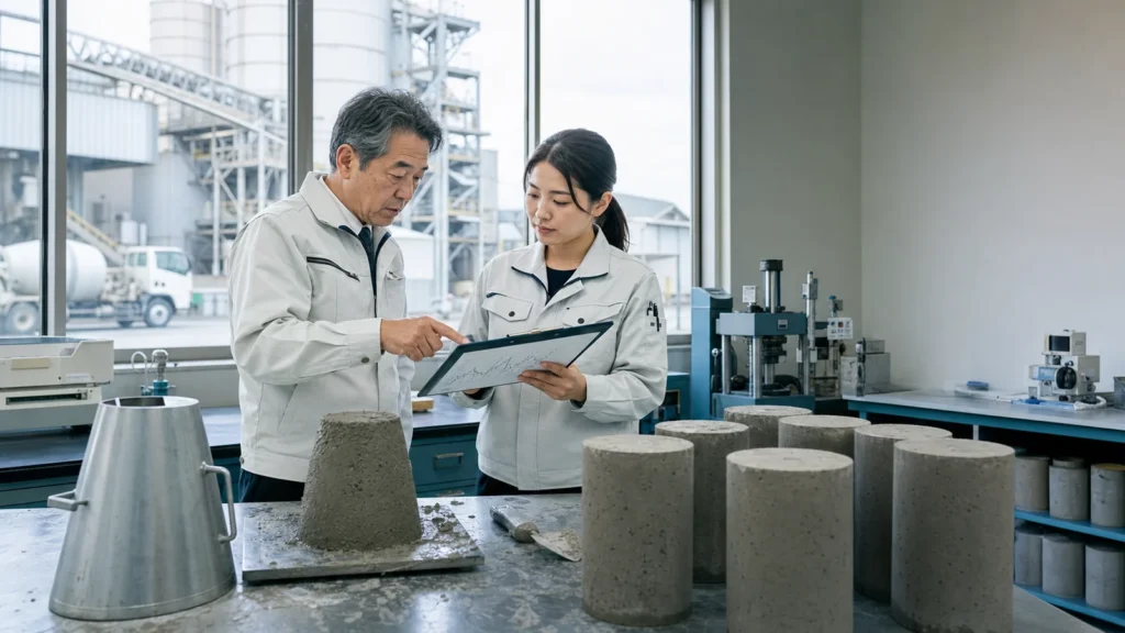 生コン工場の企業価値を左右する品質管理・配車・設備・商流を確認する経営者と担当者