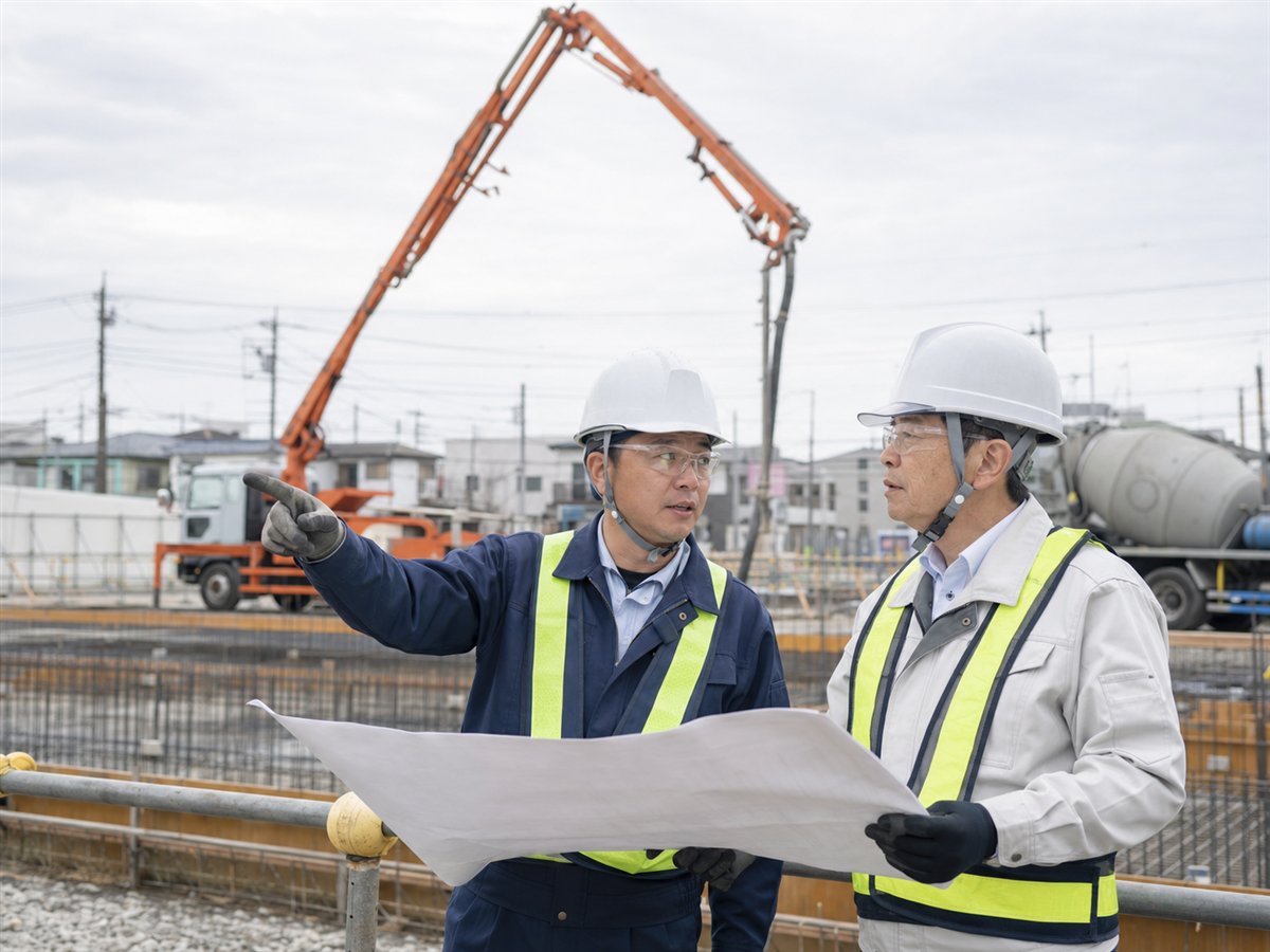 採石・骨材の供給先となるコンクリート施工現場を確認する技術者