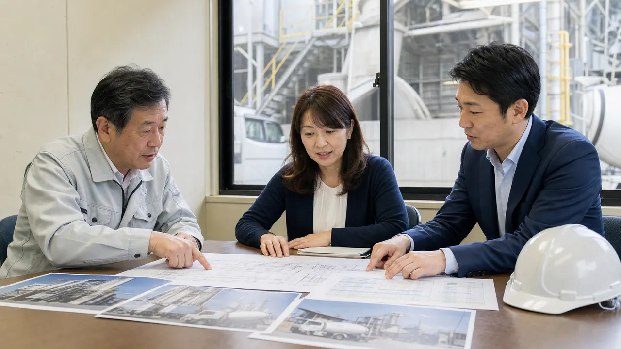 コンクリート工場の設備資料と配車計画を確認する経営者とアドバイザー