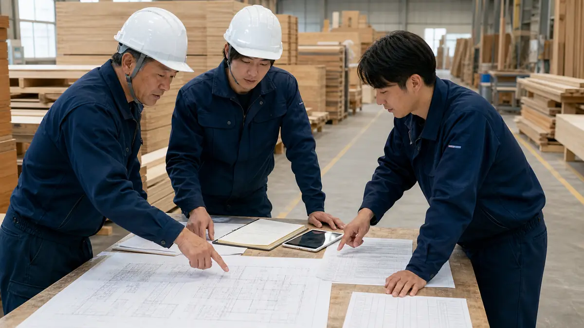 型枠工事会社で加工帳と施工図を見ながら施工班の配置を確認する職長と承継担当者