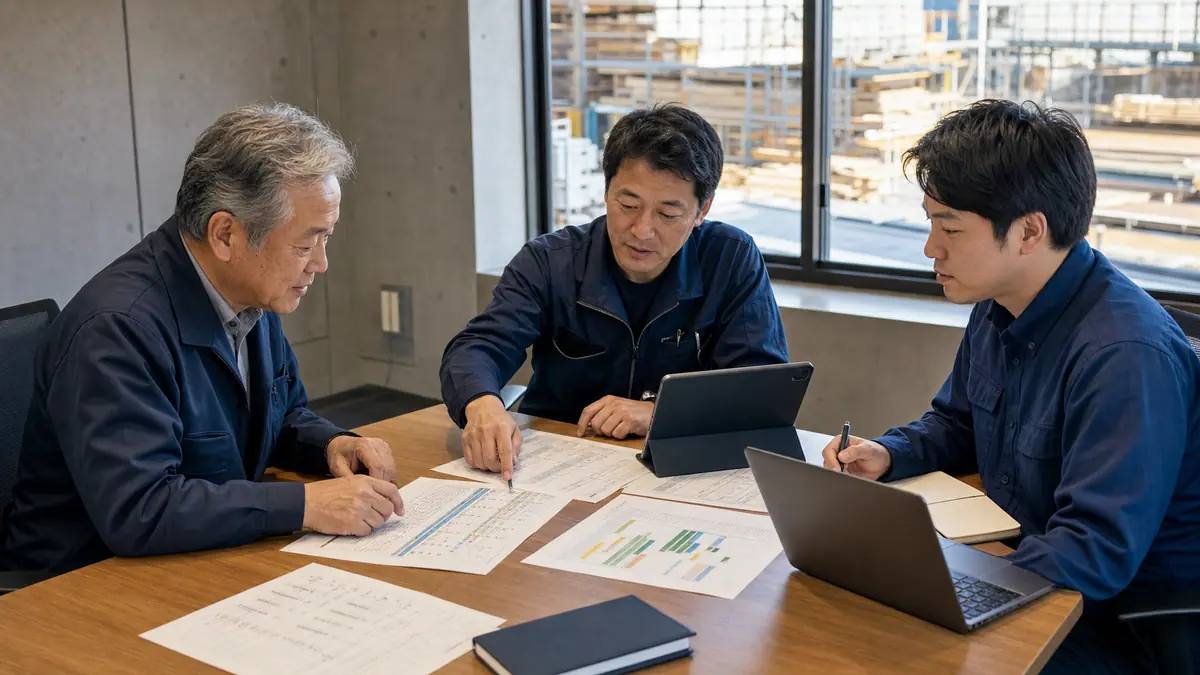 型枠工事会社のM&A後に現場別原価と施工班の引継ぎ計画を確認する経営者と工事責任者