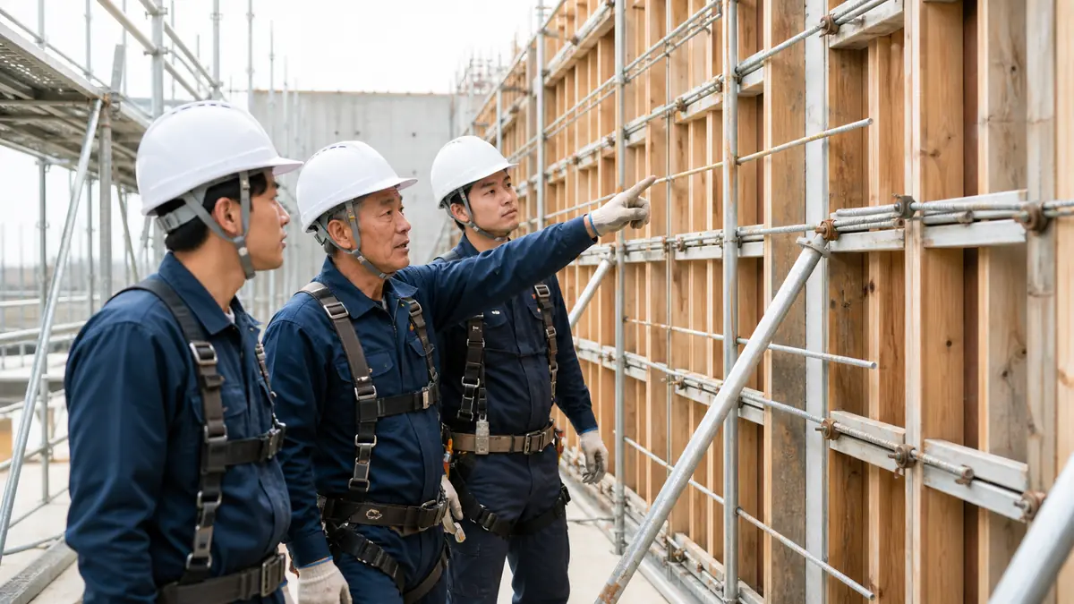 型枠工事の現場で型枠と支保工の品質および安全対策を確認する職長と安全担当者