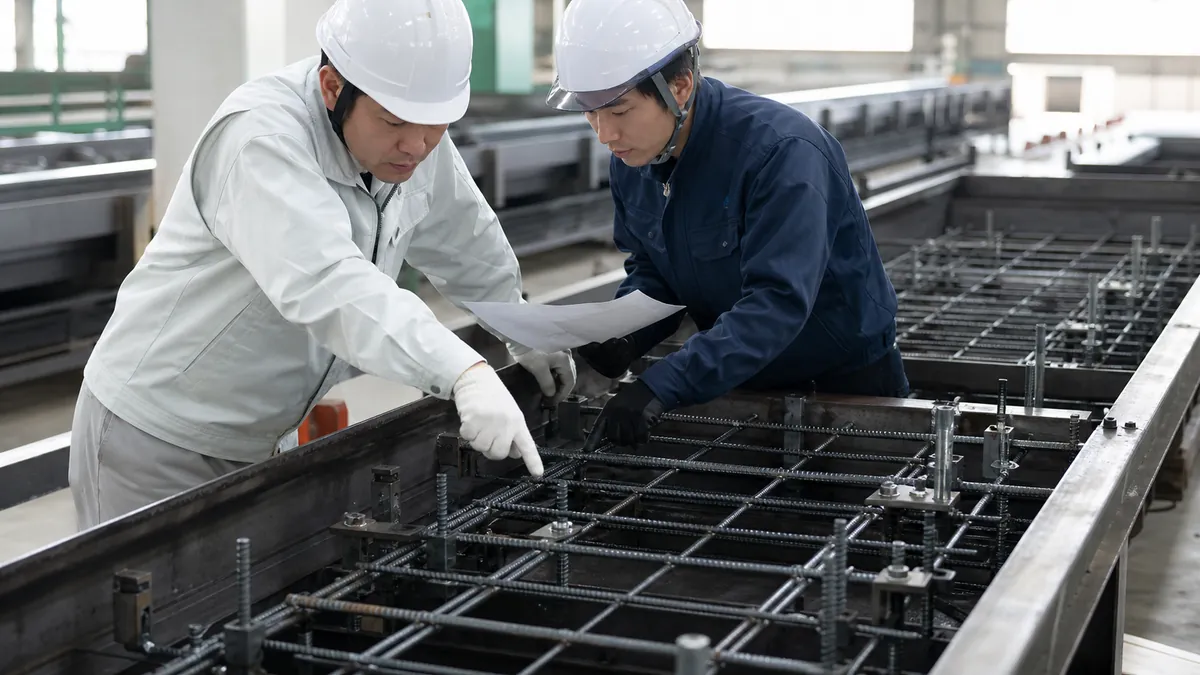 プレキャストコンクリート会社の工場で型枠内の配筋と埋込金物を確認する製造担当者と品質担当者
