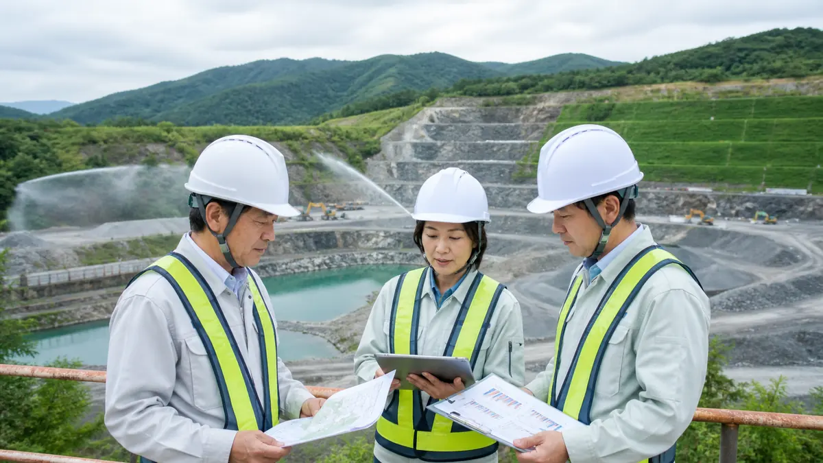 砕石会社のM&Aで粉じん対策と跡地復旧計画を確認する経営者と環境管理担当者