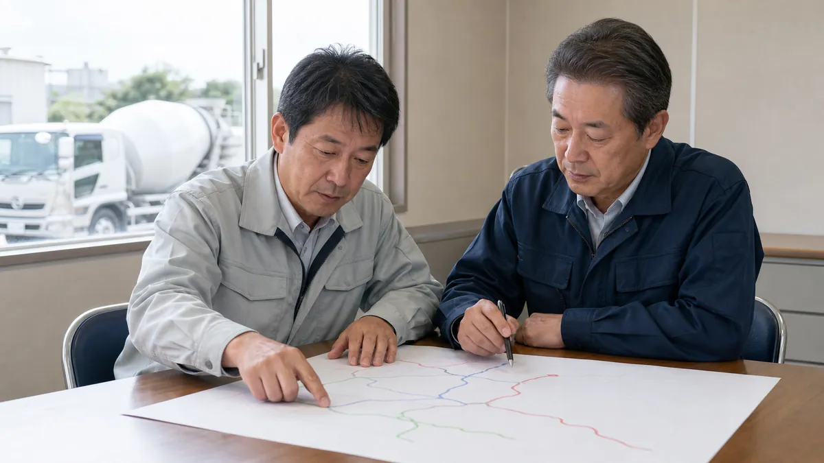 生コン輸送の配車計画を確認する配車担当者と経営者