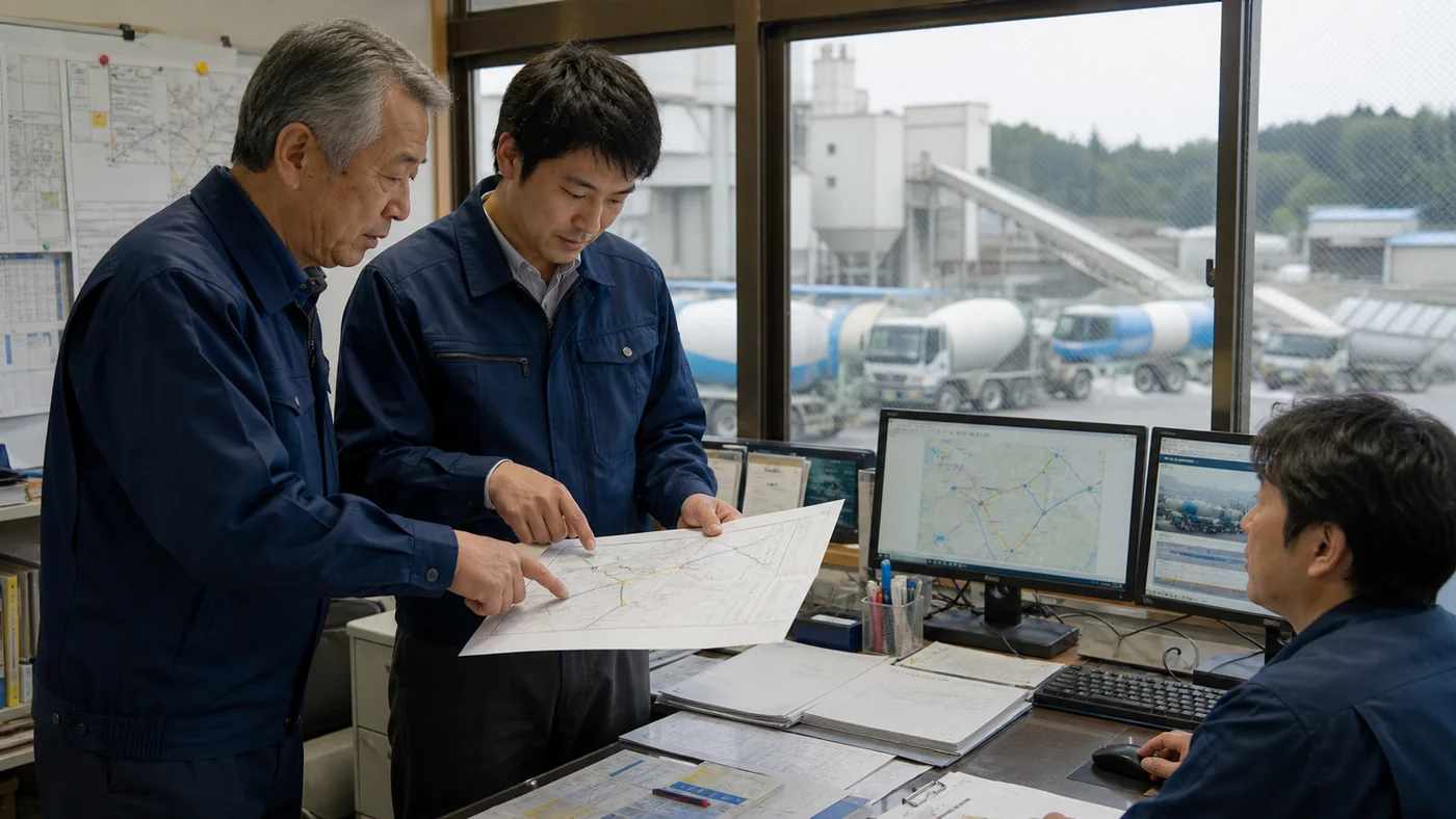 生コン工場の配車室で運搬ルートと出荷計画を引き継ぐ担当者